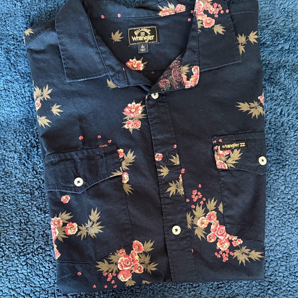 Billabong x Wrangler Shirt Men L Hawaiian Floral AOP Button Down Cowboy